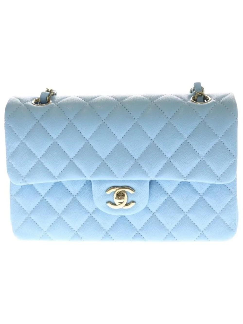 Chanel Quilted 23 Double Flap Chain Shoulder Bag Light Blue Caviar Leather Gold